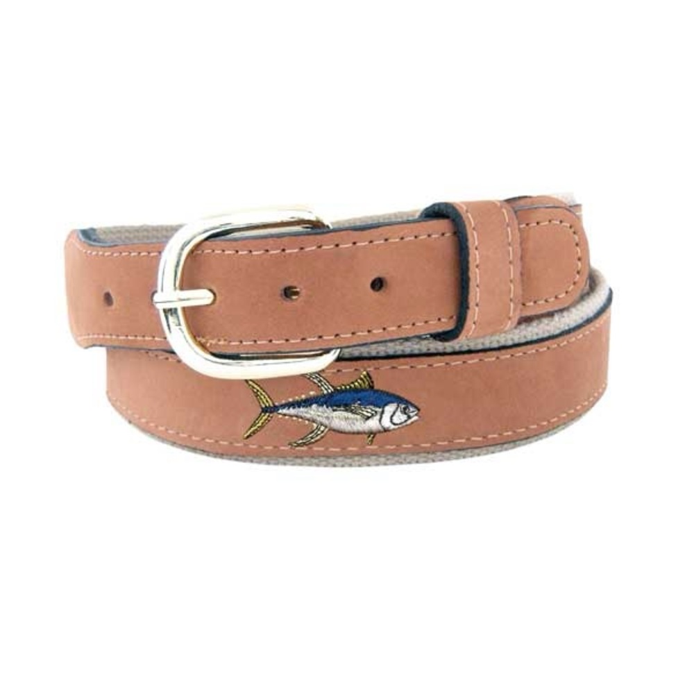 Men's Yellow Fin Tuna Embroidered Belt Tan Leather Belt with Fish Embroidery 38